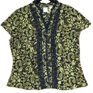 👚💐 EMMA JAMES Lace Cap Sleeve Blouse | Green & Black Paisley | Sz 14 | Romantic